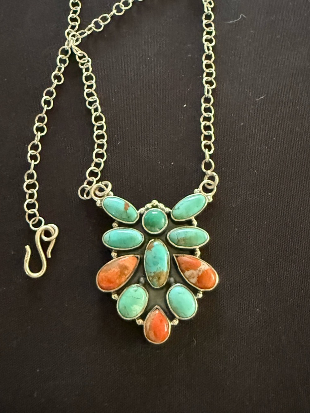 Orange spiny oyster and natural turquoise big handmade necklace. 925 Sterling - Picture 3 of 4